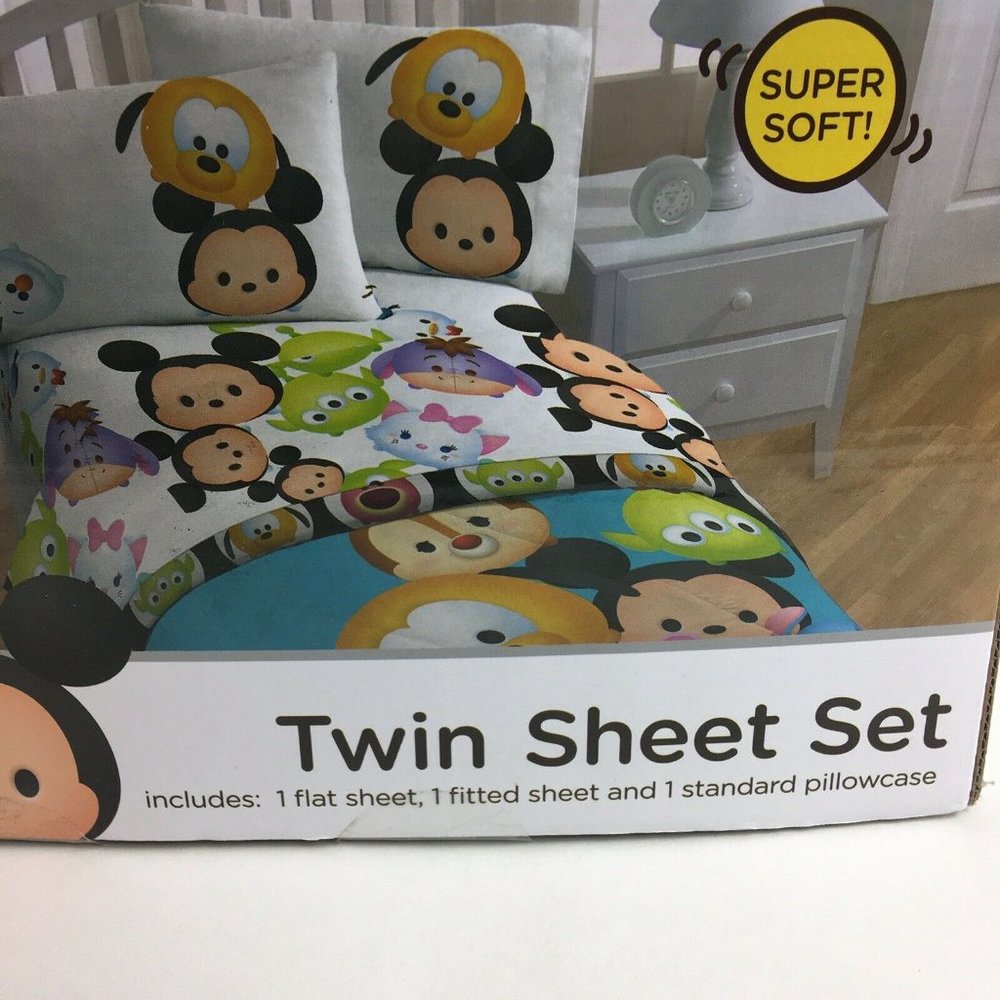 Disney Tsum Tsum Twin Sheet Set Fitted Flat Sheets Pillow Case Minnie Mickey New - Picture 3 of 12